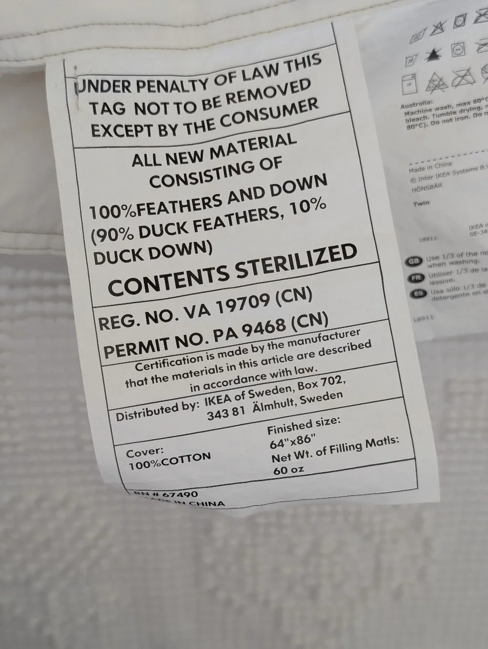 IKEA Hönsbär Twin Cream Beige Quilted Cotton Duck Feathers Down Comforter